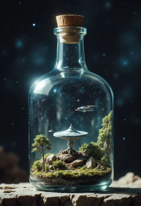 A glass bottle with a miniaturzied uss enterprise from star trek. the ship is real and has smaller shuttle circling around it. the ship is trapped inside this tiny glass bottle. the bottle drifts into deep space.