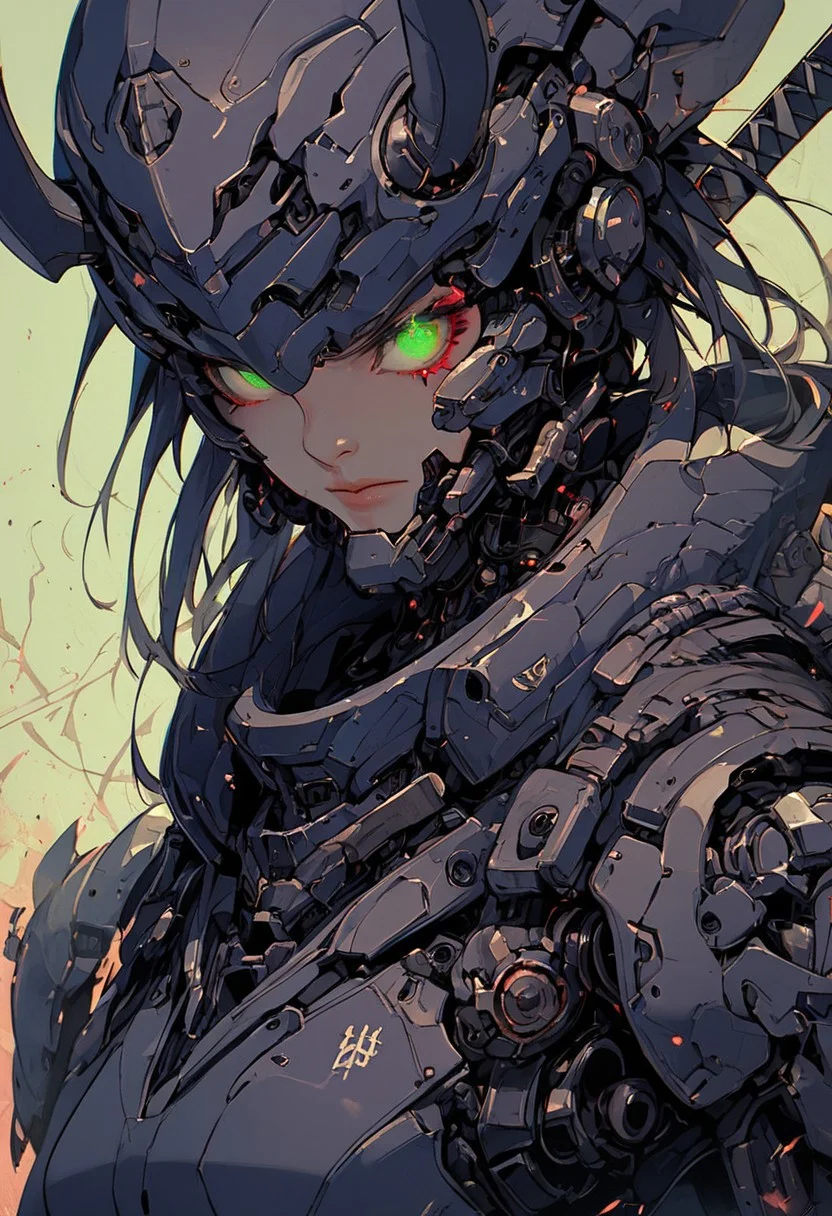 score_9,score_8_up,score_7_up, solo, 1woman, upper body, deep violet armor, simple neon background, occult aura, intimidating aura, no humans, glowing, glowing green eyes, helmet, devil horns, robot, insectoid, mecha, oni-demon, cyberpunk outfit, heavy weaponized, samurai, katana blade, science fiction, cyborg, mechanical parts, humanoid robot, agile, science fiction, sinozick style, flat color, dark theme, cowboy shot, Expressiveh