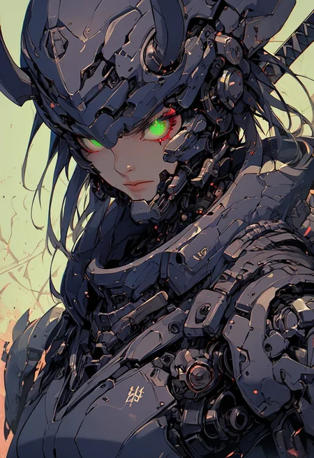 score_9,score_8_up,score_7_up, solo, 1woman, upper body, deep violet armor, simple neon background, occult aura, intimidating aura, no humans, glowing, glowing green eyes, helmet, devil horns, robot, insectoid, mecha, oni-demon, cyberpunk outfit, heavy weaponized, samurai, katana blade, science fiction, cyborg, mechanical parts, humanoid robot, agile, science fiction, sinozick style, flat color, dark theme, cowboy shot, Expressiveh