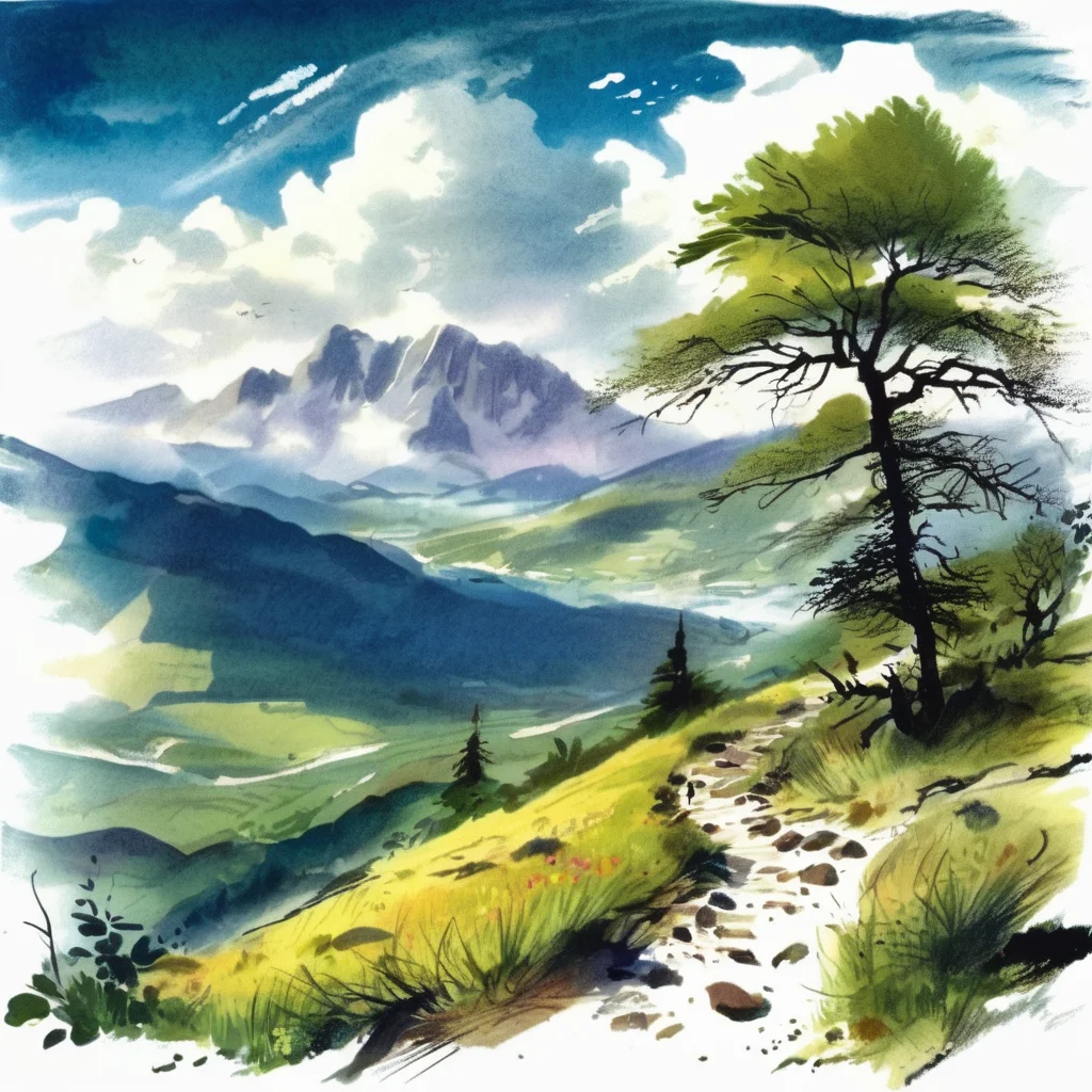 grabianski mountain landscape, path, old trees, vegetation, mountains in the background, sky with clouds
<lora:grabianski:1>