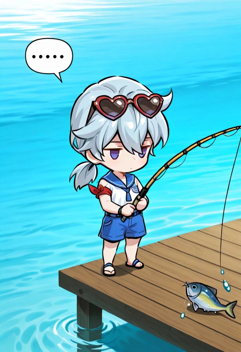 ace (seven knights), fishingmaster, medium hair, low ponytail, expressionless, jitome, spoken ..., heart-shaped sunglasses, eyewear on head, sailor shirt, blue shorts, red armband, sandals, holding fishing rod, fishing, full body, chibi, pier, day, water