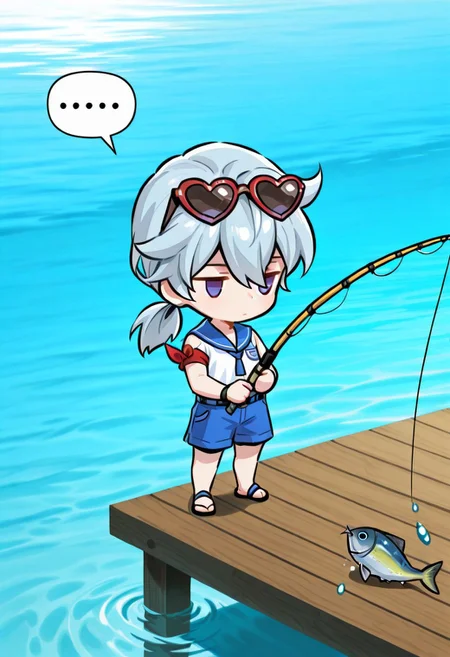 ace (seven knights), fishingmaster, medium hair, low ponytail, expressionless, jitome, spoken ..., heart-shaped sunglasses, eyewear on head, sailor shirt, blue shorts, red armband, sandals, holding fishing rod, fishing, full body, chibi, pier, day, water