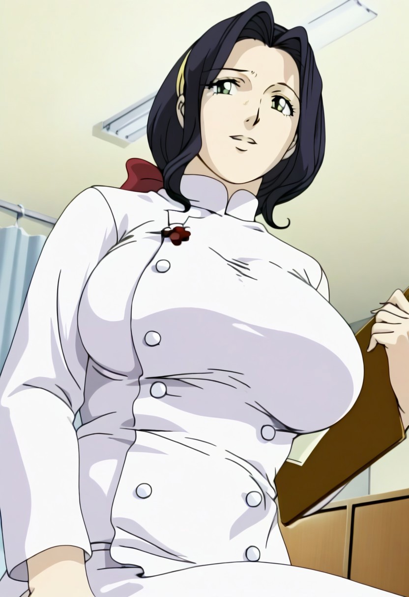 (huge breast),housewife,black hair,medium hair tied by red hairbow yellow headband, middle aged, thin eyebrow,round solid breast,(older woman,beautiful body),mature mom, hourglass shape_body,moles, moles under left eye,warm face,middle aged face(wise),(saggy_breast:1.0),look to viewer,less color, (realistic body, realistic face,detailed face,detailed hair),old anime artstyle,parted_mouth,shining_eyes,retro artstyle, anime screencap, source anime, perfect face, perfect body, ,open_mouth, smile
bmstyle anime nurse woman: A curvy nurse with medium breasts in a tight white uniform that clings to every curve, with a short skirt that rides up just enough to show off her thighs. She's leaning over a hospital bed, holding a clipboard, her soft smile sharp with a playful edge. The dim glow from the medical equipment casts an alluring glow across the sterile room. sleeveless
hip level shot, dutch angle