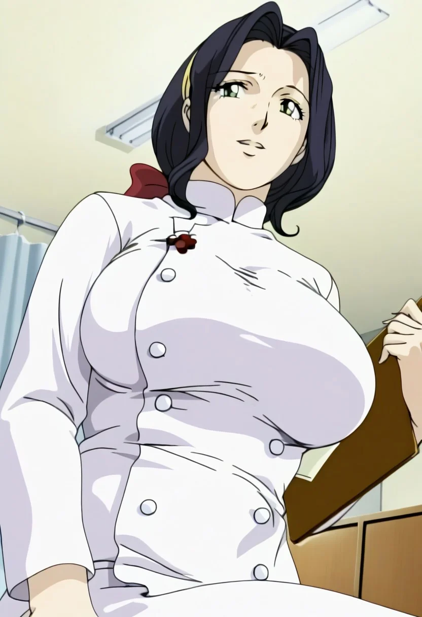 (huge breast),housewife,black hair,medium hair tied by red hairbow yellow headband, middle aged, thin eyebrow,round solid breast,(older woman,beautiful body),mature mom, hourglass shape_body,moles, moles under left eye,warm face,middle aged face(wise),(saggy_breast:1.0),look to viewer,less color, (realistic body, realistic face,detailed face,detailed hair),old anime artstyle,parted_mouth,shining_eyes,retro artstyle, anime screencap, source anime, perfect face, perfect body, ,open_mouth, smile
bmstyle anime nurse woman: A curvy nurse with medium breasts in a tight white uniform that clings to every curve, with a short skirt that rides up just enough to show off her thighs. She's leaning over a hospital bed, holding a clipboard, her soft smile sharp with a playful edge. The dim glow from the medical equipment casts an alluring glow across the sterile room. sleeveless
hip level shot, dutch angle