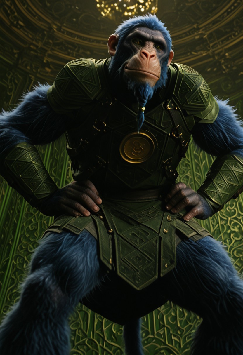 chistery_wicked, 1boy, male ape, furry, blue fur, scarred face, ape ears, blue hair, green and orange eyes (heterochromia), short braided beard, blue wings, long blue tail, green armor (golden plate on chest), green bracers,
score_9_up, score_8_up, score_7_up, BREAK, solo, looking at viewer, cute, smirk, from below, hands on hips, head tilt, ultra detailed, detailed background, masterpiece, best quality, 8k, Expressiveh, realistic, 3d, green palace,