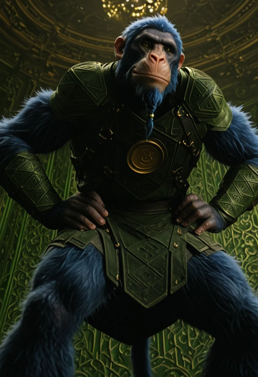 chistery_wicked, 1boy, male ape, furry, blue fur, scarred face, ape ears, blue hair, green and orange eyes (heterochromia), short braided beard, blue wings, long blue tail, green armor (golden plate on chest), green bracers,
score_9_up, score_8_up, score_7_up, BREAK, solo, looking at viewer, cute, smirk, from below, hands on hips, head tilt, ultra detailed, detailed background, masterpiece, best quality, 8k, Expressiveh, realistic, 3d, green palace,