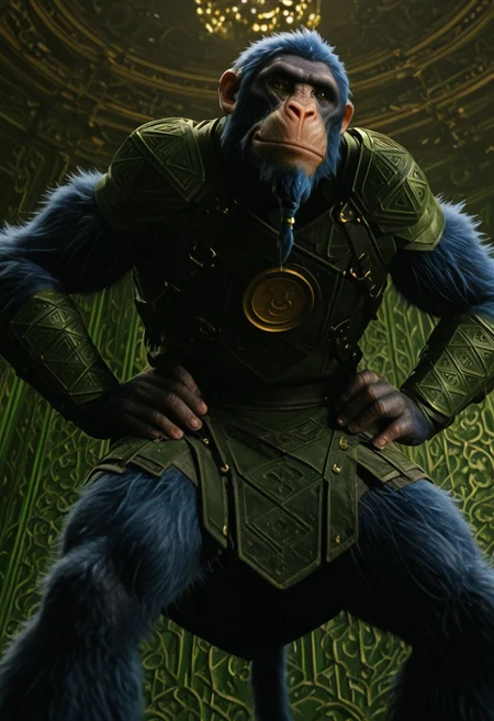chistery_wicked, 1boy, male ape, furry, blue fur, scarred face, ape ears, blue hair, green and orange eyes (heterochromia), short braided beard, blue wings, long blue tail, green armor (golden plate on chest), green bracers,
score_9_up, score_8_up, score_7_up, BREAK, solo, looking at viewer, cute, smirk, from below, hands on hips, head tilt, ultra detailed, detailed background, masterpiece, best quality, 8k, Expressiveh, realistic, 3d, green palace,