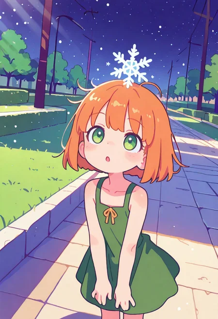 masterpiece, best quality, newest, very awa, Smooth, no lineart, no outline, very aesthetic, Flatline, Flat vector illustration, flat colors, Colorful themes, High Saturation, haiz_ai, orenji, <lora:ponyv6_noobE11_2_adamW-000017:0.9> <lora:MeMaXL4:0.5> <lora:veluflora-wai:0.35> <lora:haiz_ai_illu:0.5>, 
1girl, petite, cute, small, fragile, young, youthful, flat chest, orange hair, bob cut, short hair, green eyes, fair skin, messy hair,
green summer dress,
looking up, collarbone, tilted head, :o, extends hands forward, standing,
dynamic angle, morning, park, public, volumetric light, bloom, sunrays, heavy snowfall, many snowflakes falling from the sky, grass, trees, summer,