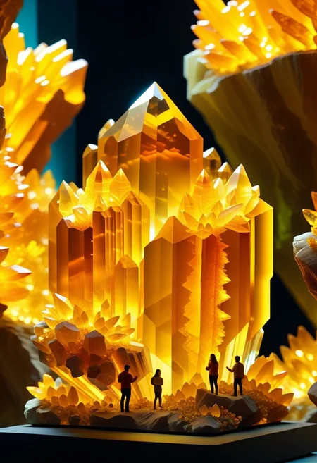 ispzxll, diorama, isometric, miniature, volumetric lighting style, intricate details, massive citrine crystal formation, art museum setting, crowds of people gathered, taking flash photographs, sharp focus, studio lighting