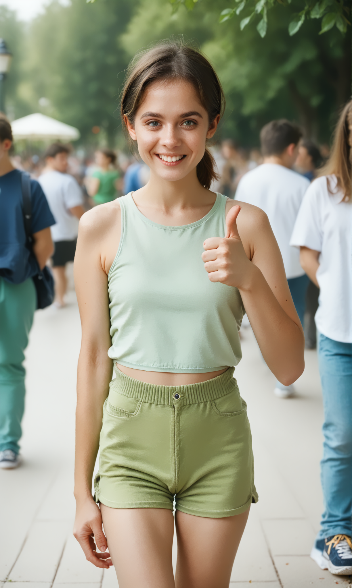 score_9, score_8_up, score_7_up, thumup, 
onhabe, (slim 25yo girl) in green sports shorts and green top and (sneakers) giving thumb up, with one hand, arm bent
in a (crowded park).  short brunette ponytail  
 <lora:ThumbUpPony:1>
