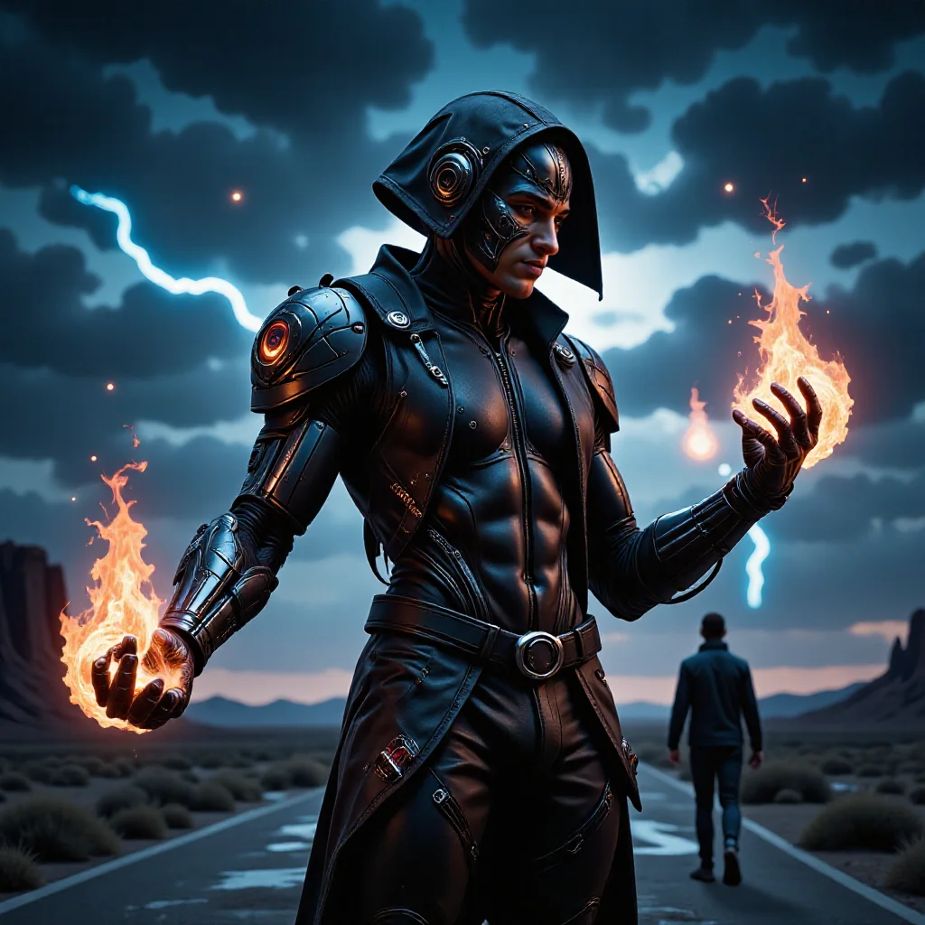 mythpunk style - mythological and legendary aesthetic integrating magical elements, otherworldly inspirations, futuristic cybernetic technology featuring a  male athletic mythpunk  warlock, metal magic character. With mechanical_arms made of Retro-futuristic appendages with neon accents, vintage chrome plating, 80s-inspired design.  embracing fire with flickering fingers, manipulating flames, enchanted moonlight. Wandering in a a stormy night with thunder and lightning, casting an eerie glow on a desolate landscape, and casting a ice magic spell.
<lora:dark_fantasy_flux:1>, <lora:MysticFantasy:0.8>,  <lora:mythPunk_v1_rank35_bf16:1>âââ