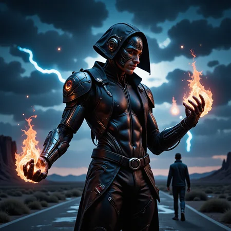 mythpunk style - mythological and legendary aesthetic integrating magical elements, otherworldly inspirations, futuristic cybernetic technology featuring a male athletic mythpunk warlock, metal magic character. With mechanical_arms made of Retro-futuristic appendages with neon accents, vintage chrome plating, 80s-inspired design. embracing fire with flickering fingers, manipulating flames, enchanted moonlight. Wandering in a a stormy night with thunder and lightning, casting an eerie glow on a desolate landscape, and casting a ice magic spell.
<lora:dark_fantasy_flux:1>, <lora:MysticFantasy:0.8>, <lora:mythPunk_v1_rank35_bf16:1>âââ