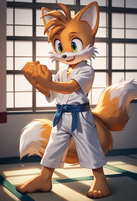 Score_9, score_8_up, score_7_up, score_6_up, score_5_up, score_4_up, solo, Sonic the Hedgehog, Miles Tails Prower, male, orange fur, white muzzle, white mane, fox, canid, fox tail, two tails, young, cub, cute, karate uniform, barefoot,
Karate, fighting stance,
 (),
Room, masterpiece, high quality, best quality, detailed shaders, digital artwork, highly detailed, source_furry