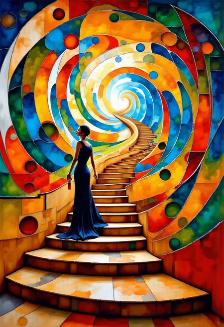 abstract photography, A woman in flowing black dress ascends a wooden stairway winding upward in a majestic Fibonacci spiral, surrounded by an aura of abstract library, intricate patterns and shapes emanating from the structure, bathed in soft, ethereal light, reminiscent of the surreal dreamscapes of M.C. Escher, the vibrant contrary colors of Victor Vasarely, and the minimalist elegance of John Pawson, film still