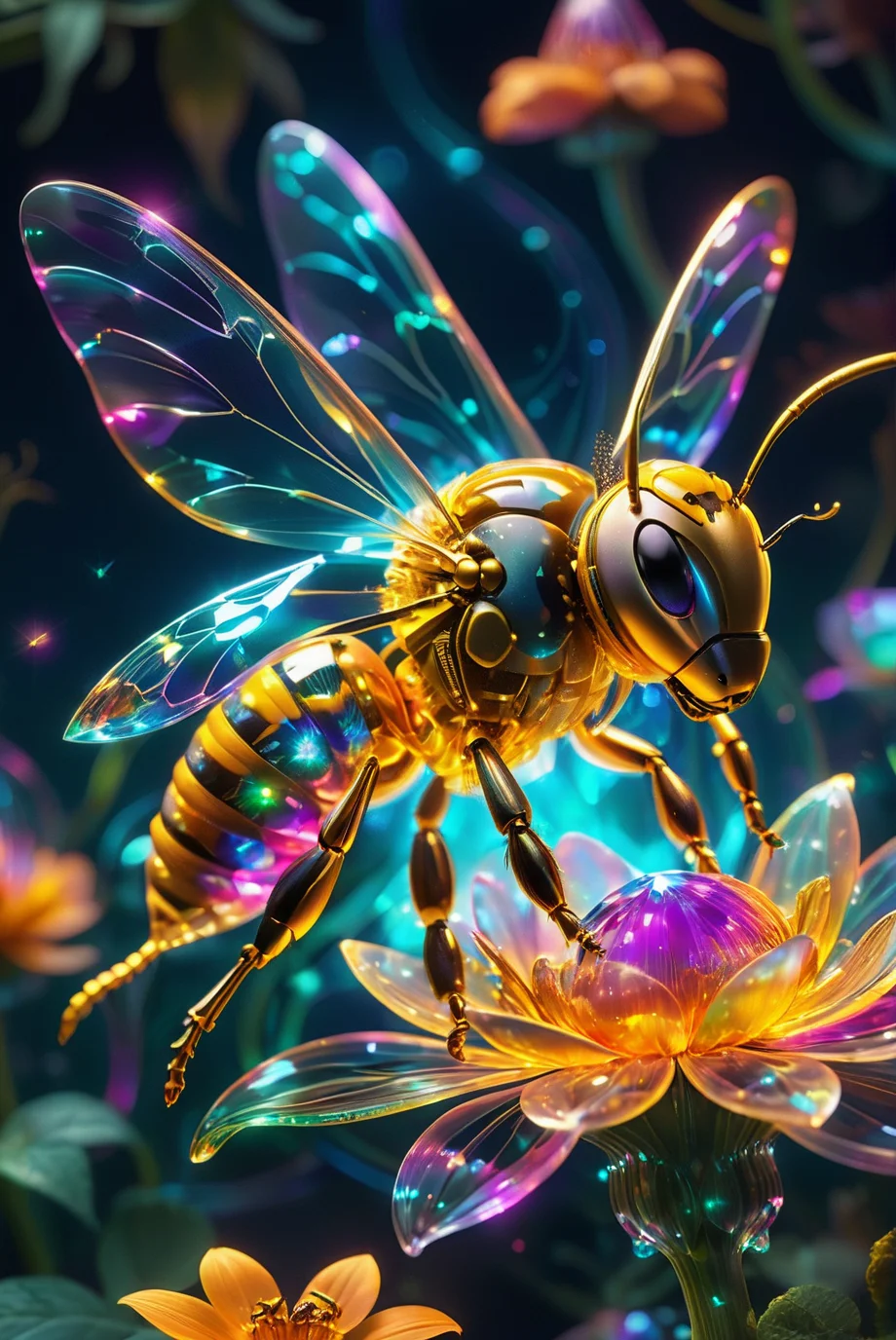 Freshideas Levitation, Holographic bee, Holographic flower, Wireframe Hologram, 3D,
A close-up of a vibrant, colorful crystal flower with intricate, detailed petals. A delicate bee rests on the flower, its wings displaying a spectrum of iridescent colors. The background is softly blurred, creating a dreamy, surreal, and magical atmosphere that enhances the focus on the crystal flower and bee. The scene captures the essence of a fantastical, otherworldly garden, with the hyper-realistic details of the flower and bee bringing the image to life.
close-up, crystal flower, vibrant colors, detailed petals, intricate, bee , iridescent wings, soft blurred background, dreamy, surreal, magical, hyper-realistic, fantastical, otherworldly, garden, enchanting, detailed, colorful, captivating, whimsical, ethereal, vivid, nature-inspired, fairy tale-like.
<lora:20240614-1718326897684:1.0>,
<lora:add-detail-xl:1.0>,
<lora:EnvyBetterHiresFixXL01:1.0>,
<lora:extremely_detailed:1.0>, extremely detailed,
<lora:EldritchMixIllustration_1.1:0.25>,
<lora:SDXLFaeTastic2400:0.6>,