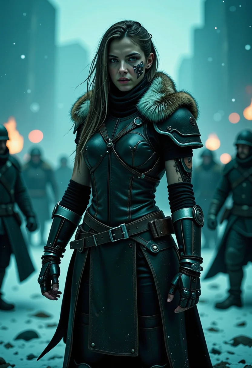 vikingpunk style, stunning warrior stands tall amidst the chaos of a snow-shrouded battlefield, fur-lined cloak and distressed leather armor covering from the neck down, mechanical_arms and implants in her cheeks and on the side of her head above her ears, muscles rippling beneath her skin, ruthless efficiency, snow swirling around her in a maelstrom, the clash of warrior echoing through the howling wind. Nordic, Viking-inspired, armor, mechanical, battle-hardened, fierce, brutal, futuristic, retro-viking and neonpunk influences. style of wlop, <lora:wlop:0.8> , <lora:flux_trainer/augments_v2_rank65_bf16:0.8> <lora:Magic of Art 2 (FLUX)>, Cinematic style, Beauty, Realism, Photorealism, Chiaroscuro, High quality, <lora:flux/flux_realism_lora>, detailed photorealism style, <lora:flux/aeshteticv2>, aesthetic_pose, dynamic_pose,