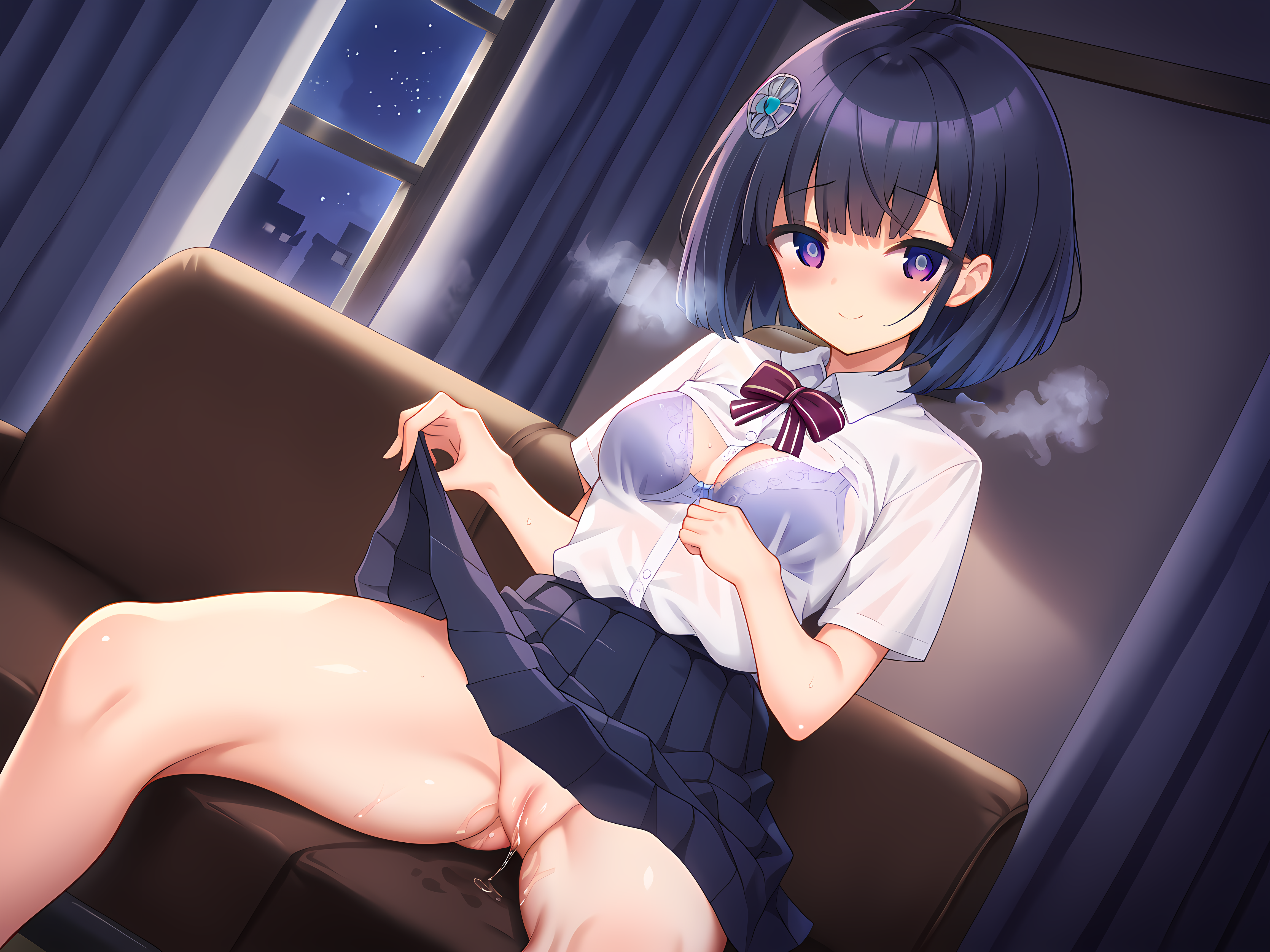 shimo,shizuha,medium breasts,skirt lift,lifted by self,see-through shirt,no panties,head on hand,short hair,black hair,purple eyes,multicolored eyes,school uniform,sitting,couch,indoors,living room,window,curtains,dark room,heavy breathing,blush,<lora:Selenoxia_-_Shizuha_-_Shimobashira_Workshop:0.9>,pussy juice,night sky,night,dark room,smile,barefoot,bra,, score_9, score_8_up, score_7_up,source_anime,(masterpiece),(best quality),(ultra-detailed),(best illustration),(best shadow),(absurdres),(detailed background),(very aesthetic),source_anime