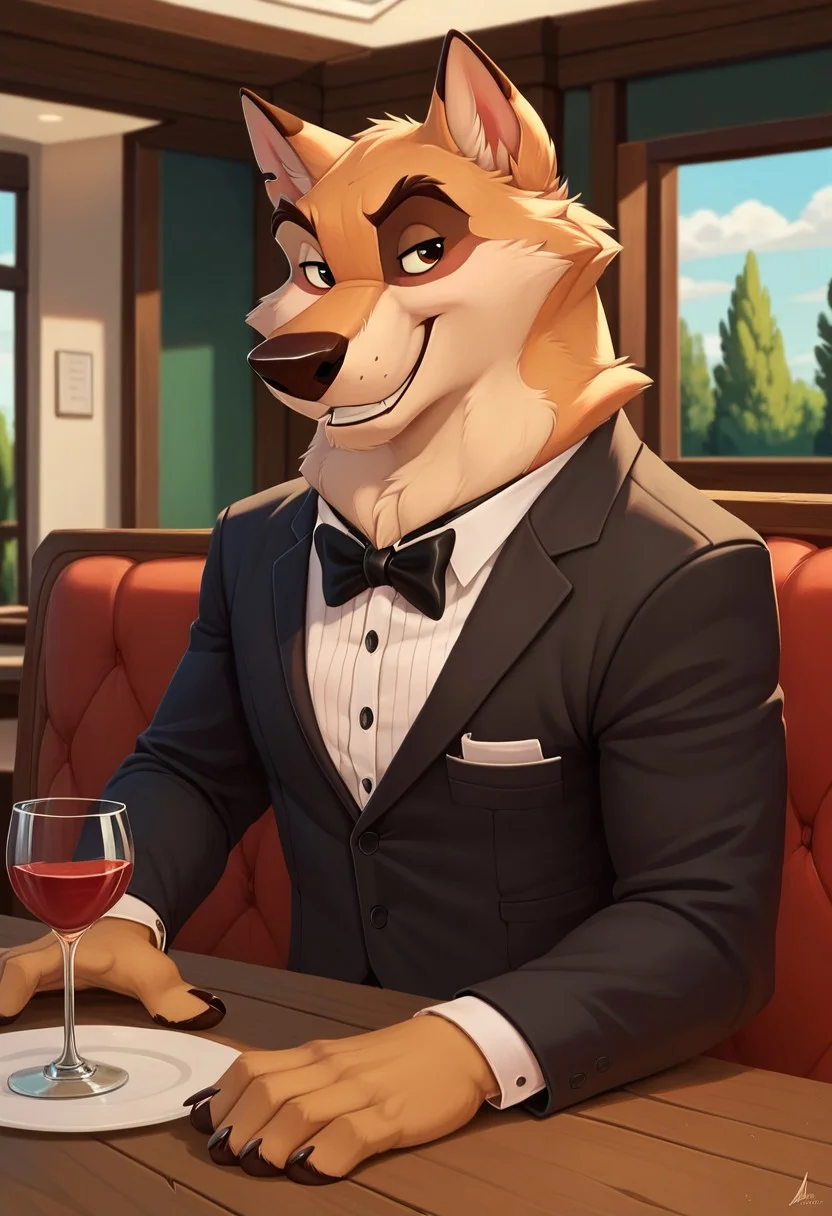 score_9, score_8_up, score_7_up, Kaltag, alaskan malamute, anthro, solo, smile, tuxedo, formal wear, restaurant background, detailed background, high res, ultra quality