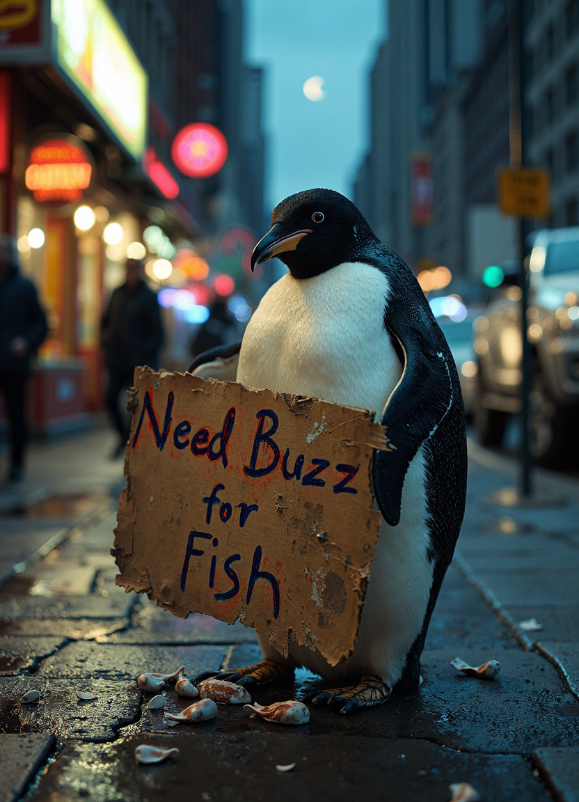 A solitary emperor penguin stands on a bustling city sidewalk at dusk, its proud posture contrasting with its disheveled appearance. The penguin's once-glossy feathers are ruffled and matted, bearing the marks of urban grime. Its eyes, usually bright and alert, now carry a weary, pleading look. The penguin's webbed feet rest on cracked concrete, surrounded by discarded cigarette butts and crumpled fast-food wrappers.
In its flippers, the penguin clutches a piece of weathered cardboard, its edges frayed and softened by exposure. Scrawled across the sign in wobbly, crayon letters are the words "Need Buzz for Fish" - a poignant play on typical panhandler signs. The crude writing is a mix of blue and red wax, smudged in places where raindrops have fallen.
The street around the penguin is coming alive as night approaches. Neon signs flicker to life, casting an eerie glow that reflects off the penguin's sleek feathers. Headlights from passing cars create long shadows that stretch across the sidewalk, momentarily engulfing the forlorn bird.
The air is visibly crisp, with the penguin's breath forming small clouds that dissipate quickly in the cold. A nearby street vendor's cart releases tendrils of steam, which curl and dance around the penguin's form. Frost is beginning to form on metal surfaces, adding a glittering effect to mailboxes and parking meters.
Passersby hurry past, their coats pulled tight against the chill, some casting curious or pitying glances at the out-of-place Antarctic visitor. A few small fish bones lie at the penguin's feet, hinting at meager meals scavenged from restaurant dumpsters.
The sky above is a gradient of deep blues and purples, with the last traces of orange sunlight clinging to the horizon. Stars are just becoming visible, twinkling faintly through the urban haze. A waxing crescent moon hangs low, partially obscured by the silhouettes of towering skyscrapers.
The hyper-realistic style captures every detail with stunning clarity: each individual feather, the texture of the sidewalk, the grain of the cardboard, and the waxy sheen of the crayon writing. The image is sharp and in focus from the foreground to the background, creating a sense of depth and immersion in the urban landscape.