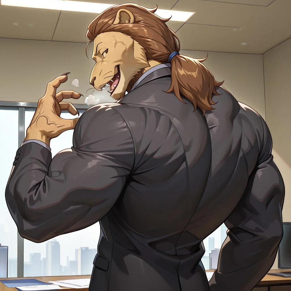 masterpiece, best quality, amazing quality, very aesthetic, absurdres, newest, high quality, detailed, male, solo male, 1boy, MayorBeastars, anthro, lion, mature male, athletic build, muscle body, muscle biceps, muscle chest, abs, muscle legs, muscle back, large back, upper body, brown eyes, brown hair, long hair, animal ears, broad shoulders, red tie, gray shirt, black suit jacket,open mouth, sharp fangs, office, looking at viewer, smiling, volumetric lighting, smug grin, hyper pecs, muscle veins, heavy breathing, steam, sharp fangs, saber tooths, licking his hand, bloody face, bloody hand, extrem steam coming from his muscles, from behind, loocking from back, looking back