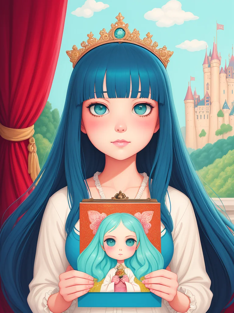 a painting of a girl with a castle in her hands, poster art by Hikari Shimoda, featured on pixiv, pop surrealism, whimsical, rococo, maximalist