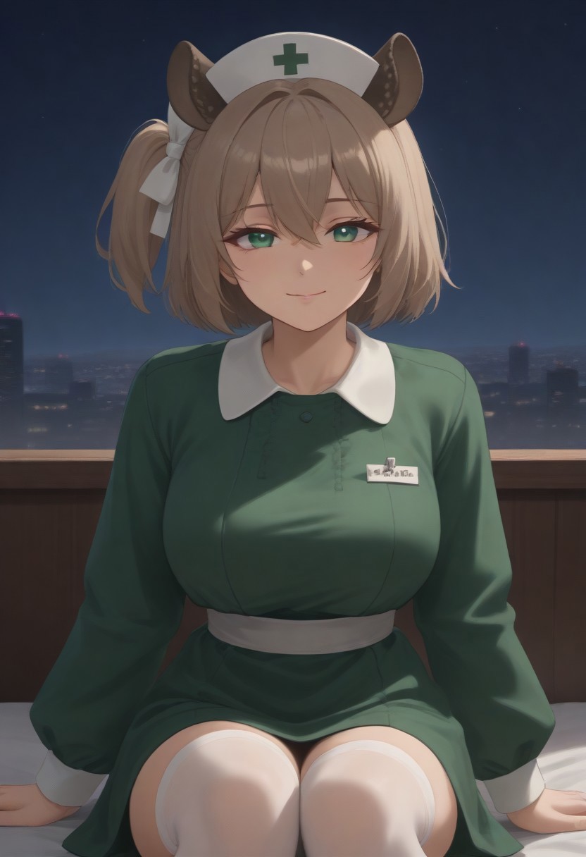 1girl, solo, solo focus, highres, absurdres, NimiNightmare, nurse cap, green eyes, bangs, animal ears, brown hair, hair between eyes, short hair, one side up,
bare shoulders, collarbone,
large breasts, green dress, long sleeves, puffy sleeves, white thighhighs, off-shulder dress, 
looking at viewer, closed mouth, smug, head tilt, 
cityscape, neon lights, window, dark, night, night sky, light particles, backlighting,