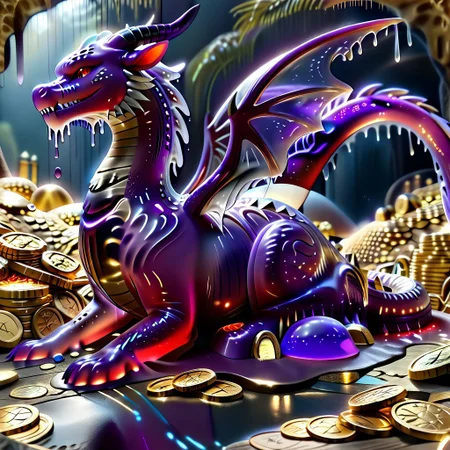 1dragon, highly detailed deep purple dragon, deep purple dragon made out of slime, scaly deep purple slime dragon, slime dragon with red eyes, deep purple slime dragon laying in its hoard, blue slime dragon with wings, dragon wings, detailed claws, detailed feet, detailed tail,
multi-colored gems made out of slime, in a room of treasure made out of slime, gold coins and bars made out of slime, piles of coins, piles of gold slime coins, piles of gold slime, tiny gold slime coins, no large coins, no medium coins, only tiny coins,
treasure-room, treasure, gemstone, coins, gold bars, gold pile, 
everything made of slime, No simple background,
((translucent slime)), ((transparent slime)), (bioluminescent slime), sl1m3, slime, ais-blmn, watce, je11y, thickwater, great lighting, ral-lava, even lighting, no bright spots, saturated colors,