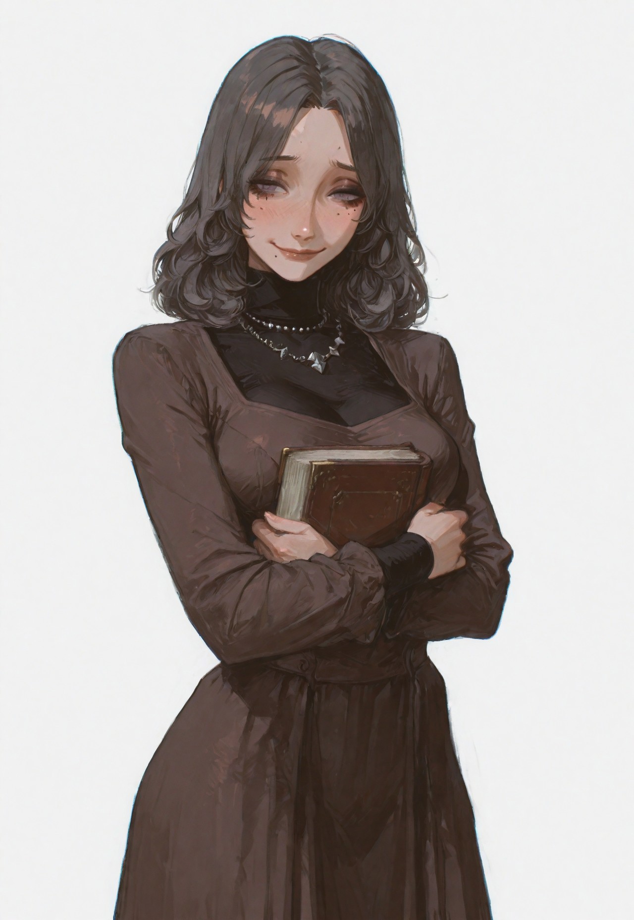 masterpiece,best quality,amazing quality, absurdres, volumetric lighting, chromatic aberration, 4k, intricate details,
1girl, solo, slender body, (medium breasts), sa0r1p3, very dark gray hair, medium hair, mole under eye, purple eyes, makeup, saoricasual, dark brown dress, black turtleneck, necklace, cowboy shot, shy smile, hugging a book, dynamic pose, plain white background, celshaded cannedmos, 69yottea_style_illu, 7481llu, lineart,