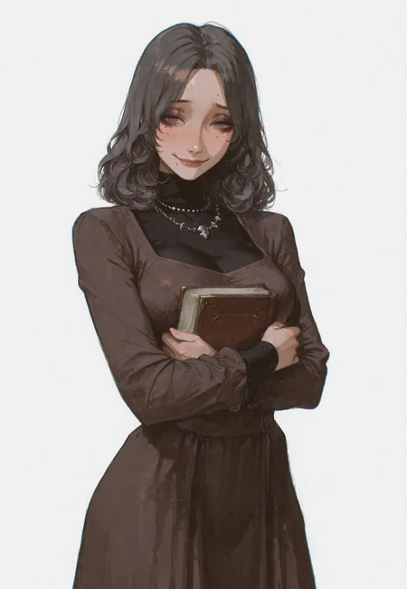 masterpiece,best quality,amazing quality, absurdres, volumetric lighting, chromatic aberration, 4k, intricate details,
1girl, solo, slender body, (medium breasts), sa0r1p3, very dark gray hair, medium hair, mole under eye, purple eyes, makeup, saoricasual, dark brown dress, black turtleneck, necklace, cowboy shot, shy smile, hugging a book, dynamic pose, plain white background, celshaded cannedmos, 69yottea_style_illu, 7481llu, lineart,