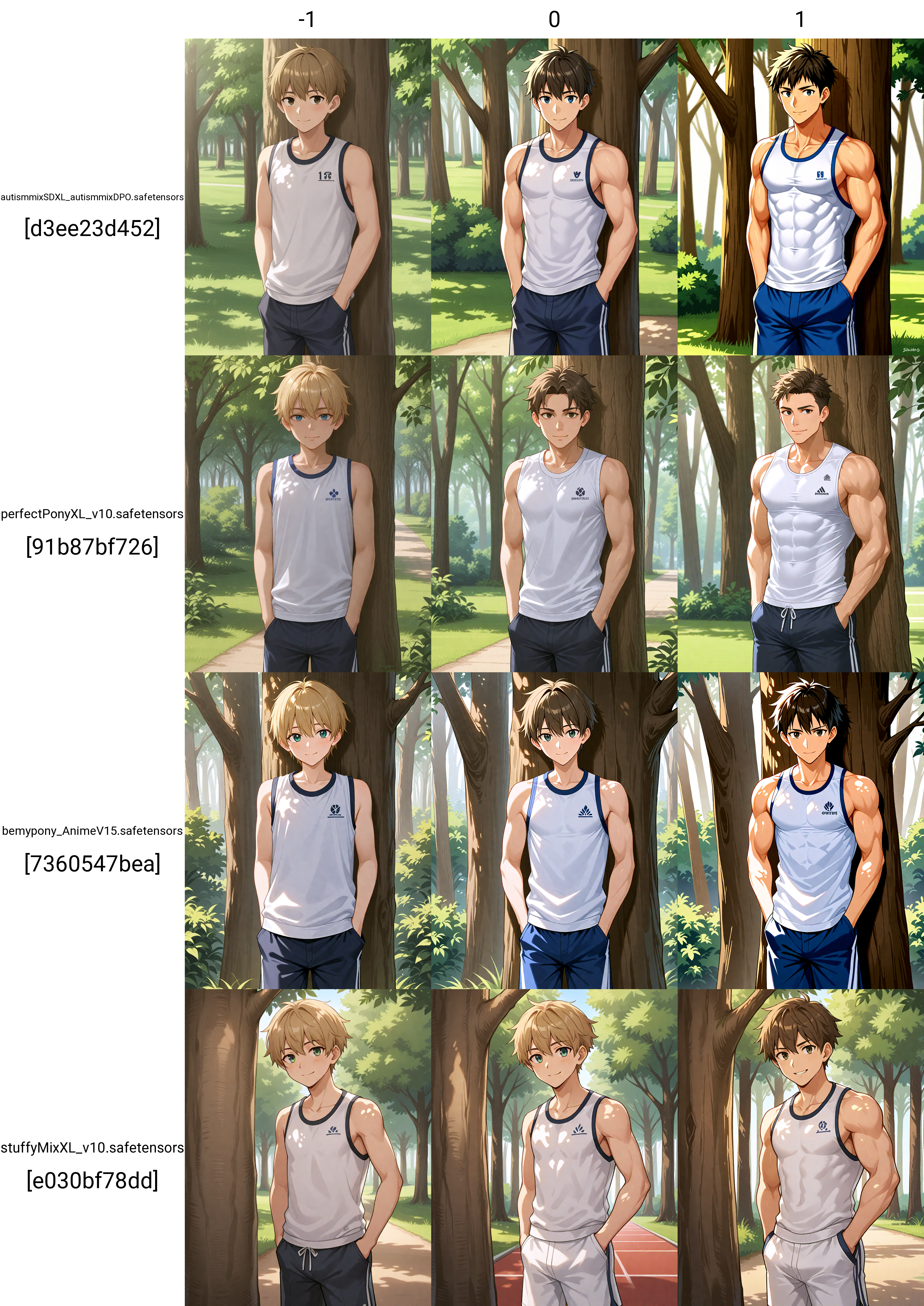 score_9, score_8_up, score_7_up, <lora:Hyper-SDXL-8steps-lora:1> <lora:fixhands:1> source_anime, rating_safe BREAK 1boy, solo, male focus,
shy smile, white sleeveless, sportswear, cowboy shot, standing, looking at viewer,tree shade, leaning against tree, hands in pocket
<lora:masculinity_slider_v2_500steps:-1>