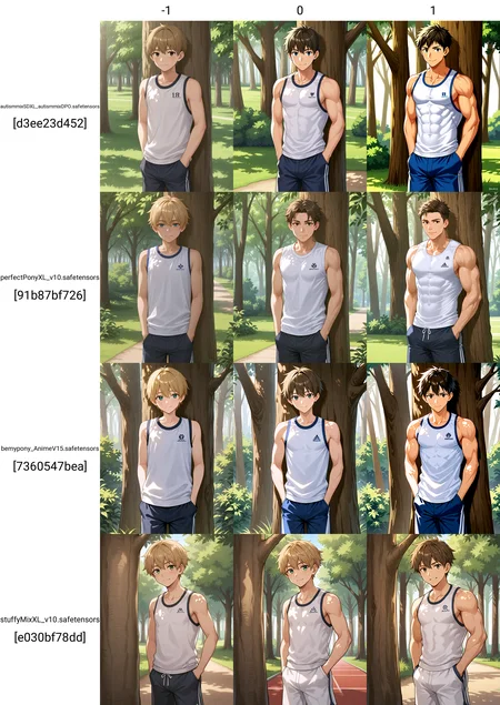 score_9, score_8_up, score_7_up, <lora:Hyper-SDXL-8steps-lora:1> <lora:fixhands:1> source_anime, rating_safe BREAK 1boy, solo, male focus,
shy smile, white sleeveless, sportswear, cowboy shot, standing, looking at viewer,tree shade, leaning against tree, hands in pocket
<lora:masculinity_slider_v2_500steps:-1>