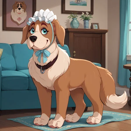 score_9, score_8_up, score_8, score_7, score_6_up, source_cartoon, Nana(PP), Solo, 1girl, feral, dog, Saint Bernard, brown and tan fur, blue eyes, floppy dog ears, bushy dog tail, black nose, nursemaid hat, black collar, full body, looking at viewer, standing, smile, living room background,