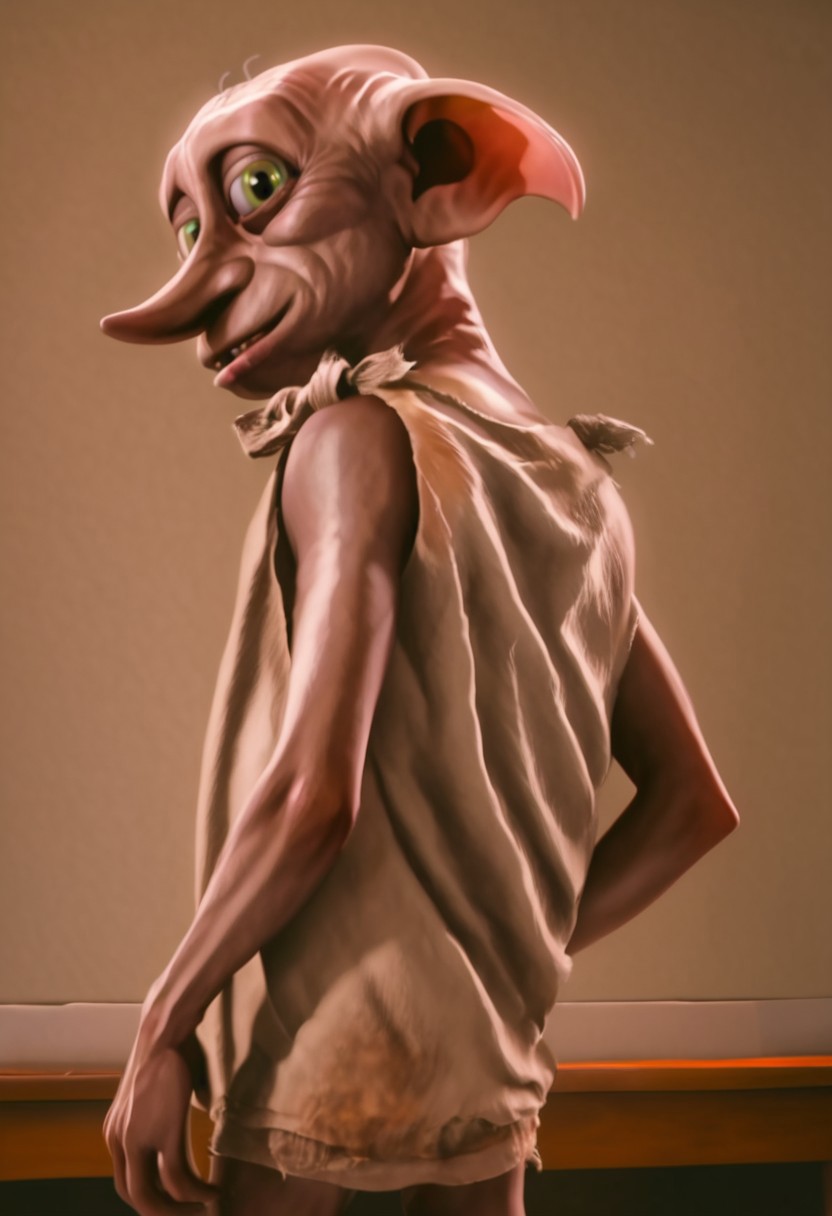 dobby_house-elf, 1male, short, skinny, bald, large green eyes, long nose, long pointed ears, brown skin, sleeveless dark grey rags clothes, barefoot, score_8_up, score_7_up, BREAK, solo, looking at viewer, smiling, from behind, looking back, male focus, bedroom background, detailed background, 4k, masterpiece, best quality, highly detailed, realistic, 3d, cowboy shot