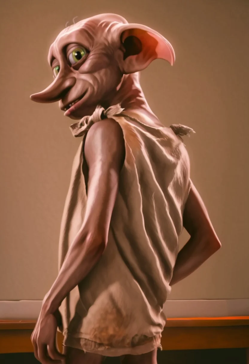 dobby_house-elf, 1male, short, skinny, bald, large green eyes, long nose, long pointed ears, brown skin, sleeveless dark grey rags clothes, barefoot, score_8_up, score_7_up, BREAK, solo, looking at viewer, smiling, from behind, looking back, male focus, bedroom background, detailed background, 4k, masterpiece, best quality, highly detailed, realistic, 3d, cowboy shot
