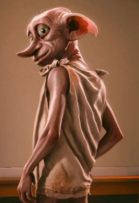 dobby_house-elf, 1male, short, skinny, bald, large green eyes, long nose, long pointed ears, brown skin, sleeveless dark grey rags clothes, barefoot, score_8_up, score_7_up, BREAK, solo, looking at viewer, smiling, from behind, looking back, male focus, bedroom background, detailed background, 4k, masterpiece, best quality, highly detailed, realistic, 3d, cowboy shot