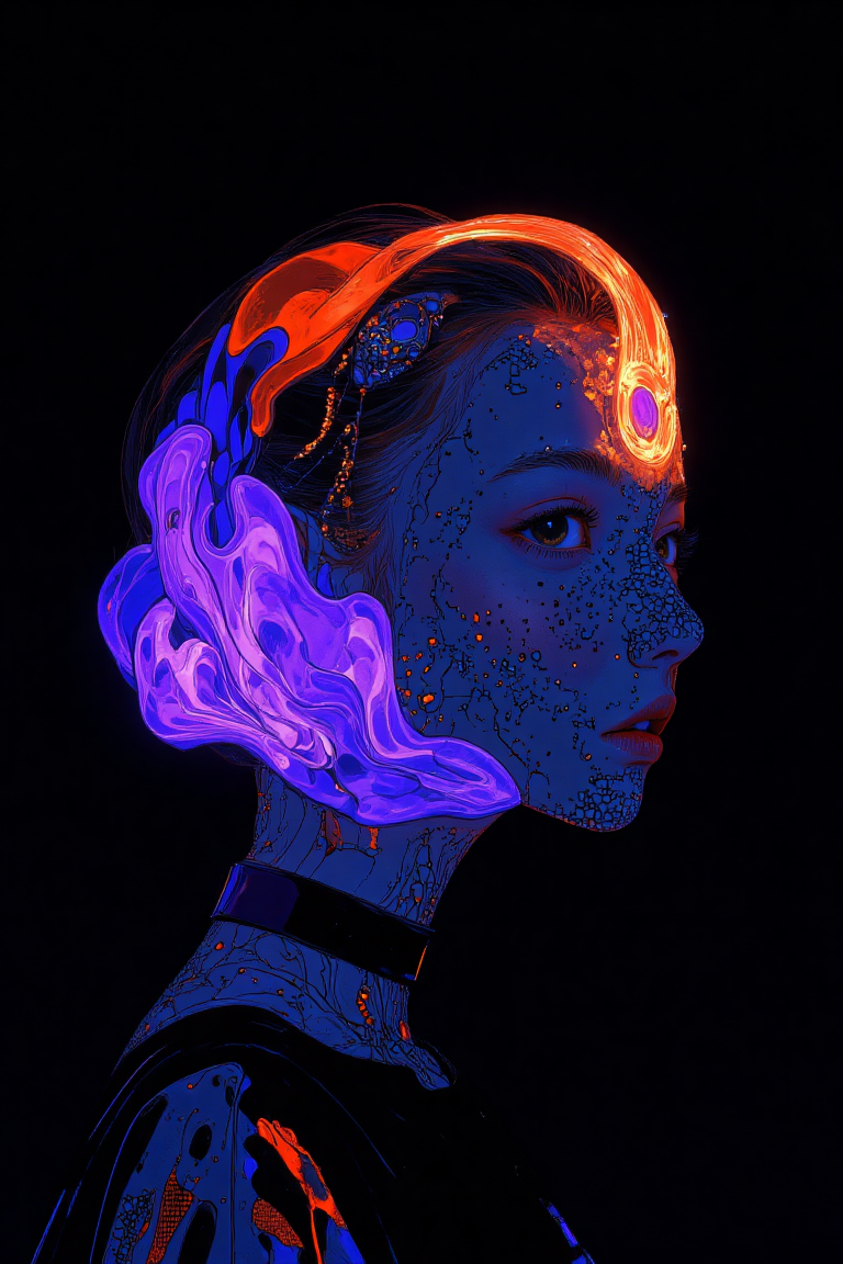 A hyper-realistic close-up portrait of a model’s face and upper body, dressed in a sleek black dress with a subtle metallic sheen. The dress is simple, focusing attention on the oversized surreal mesh veil draped over her head. The veil is made of translucent, flowing material in neon hues—electric purple, cobalt blue, and neon orange—creating a swirling, fragmented pattern with a surreal texture. Her hair is styled in a sleek high bun, and her makeup is minimal, enhancing her natural beauty. She wears a minimalist black choker, complementing her understated outfit. The shot is captured with a 50mm lens, f/1.4 aperture, using shallow depth of field to keep the model’s face and veil in sharp focus while the dark background softly blurs. Cinematic lighting gently highlights the veil’s texture, casting a halo effect around it, and illuminates the model’s face. The contrast between the dark background and the neon veil creates an ethereal, surreal mood. The lighting emphasizes the veil’s intricate pattern, while the color palette of neon against black enhances the avant-garde atmosphere. The overall mood is mysterious, elegant, and captivating, captured in HD and 8K for a polished, high-quality result. mythp0rt