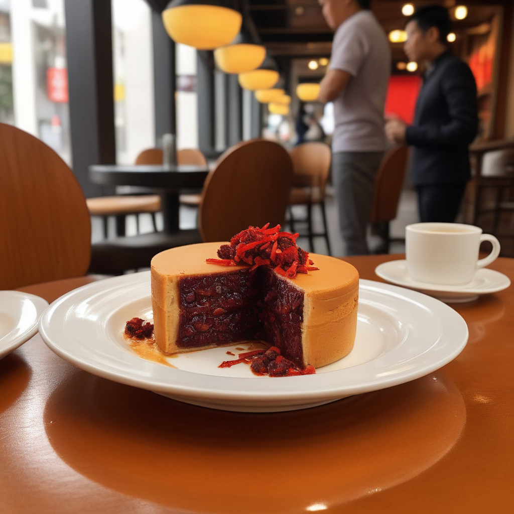 A photorealistic image of a 'ufocake' placed on a plate in a luxurious coffee shop setting. The cake should be freshly cut, revealing a rich, spicy hot pot filling that's brimming with vibrant red chili oil and sprinkled chili flakes. The ambiance of the coffee shop should exude elegance, with soft lighting, plush seating, and sophisticated decor. The plate holding the 'ufocake' should be finely crafted, complementing the lavishness of the dessert. The cross-section of the cake should be prominently displayed, showcasing the spicy hot pot ingredients inside, especially emphasizing the red chili oil and chili flakes<lora:ufocake:0.65>,((ufocake open))