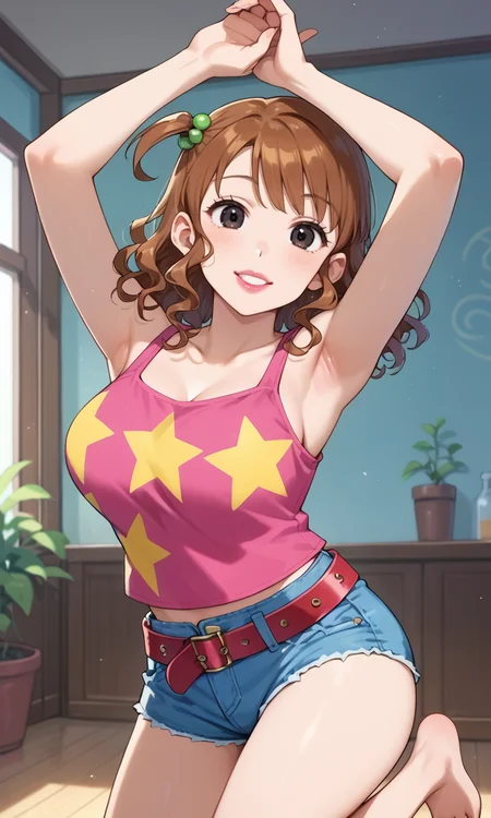 (1girl:1.5), (solo:1.3), (score_9, score_8_up, score_7_up, score_6_up, score_5_up, score_4_up), (source_anime), rating_questionable,
<lora:kutsuzoko-atsuko_v3:0.8> (kutsuzoko-atsuko), (hair between eyes, black eyes, one side up, hair beads, brown hair, medium hair, curly hair, pink lips, lipstick), (large breasts),
(pink tank top, star print, collarbone, red belt, denim shorts, short shorts, barefoot),
(cowboy shot:1.3), parted lips, smile, indoors,
(dancing:1.5), spread arms, face up,