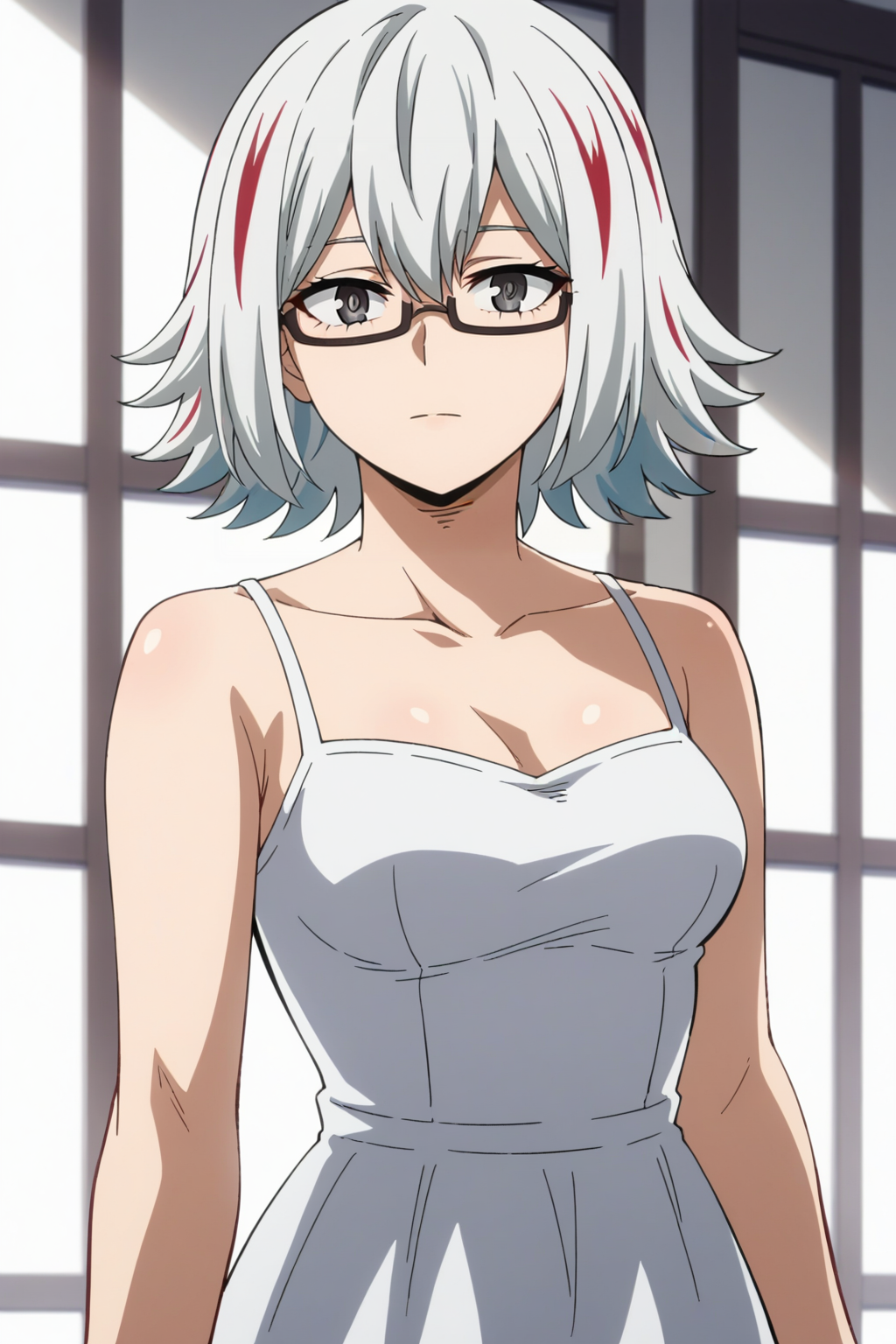 score_9, score_8_up, score_7_up, source_anime, 1girl, prefect lighting, very aesthetic, intricate details, highly detailed background, masterpiece, high quality, prefect hands, best quality, solo,
<lora:Fuyumi_Todoroki_MHA_V1:.85>, KJOfuyumi, medium hair, streaked hair, multicolored hair, two-tone hair, white hair, grey eyes, semi-rimless eyewear,
White sundress, bare shoulders,
looking at viewer, cowboy shot, expressionless, 
white background, 
(Beautiful, medium Breasts:1.2), natural breasts,
