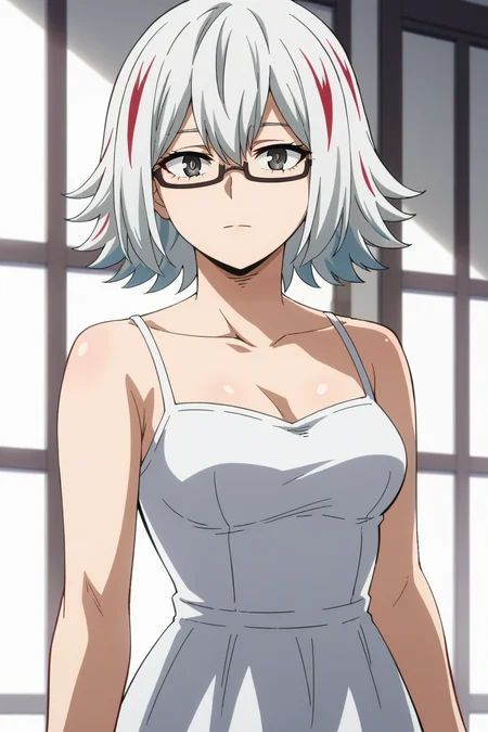 score_9, score_8_up, score_7_up, source_anime, 1girl, prefect lighting, very aesthetic, intricate details, highly detailed background, masterpiece, high quality, prefect hands, best quality, solo,
<lora:Fuyumi_Todoroki_MHA_V1:.85>, KJOfuyumi, medium hair, streaked hair, multicolored hair, two-tone hair, white hair, grey eyes, semi-rimless eyewear,
White sundress, bare shoulders,
looking at viewer, cowboy shot, expressionless, 
white background, 
(Beautiful, medium Breasts:1.2), natural breasts,