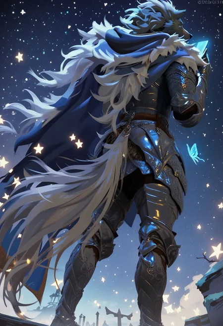 score_9, score_8_up, score_7_up, zPDXL, OverallDetail, masterpiece, 8k, (highres:1.3), (detailed background, night, stars, galaxy, stargazing, shoting stars, old ruins:1.2), concept art, digital art, realistic, 1boy, male, rythblaiddpony, blaidd \(elden ring\), wolf knight, cape, armor, greaves, gauntlets, glowing blue butterfly, back view, dutch angle, extreme wide shot, looking over shoulder