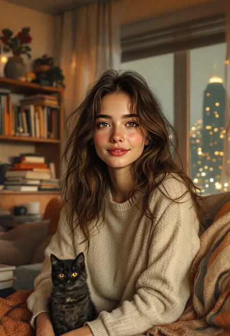 textured chalk pastel for subtle highlights, delicate charcoal shading for depth and contrast, warm, earthy color palette with ambient lighting casting soft shadows, A young woman with expressive, natural eyes and a gentle smile, soft oil brushwork adding warmth and depth to her skin, her small cat sitting calmly beside her, cozy and slightly messy living room in the background with books scattered, a warm throw blanket casually draped over the couch, city lights visible through a large window showing the urban landscape at night,