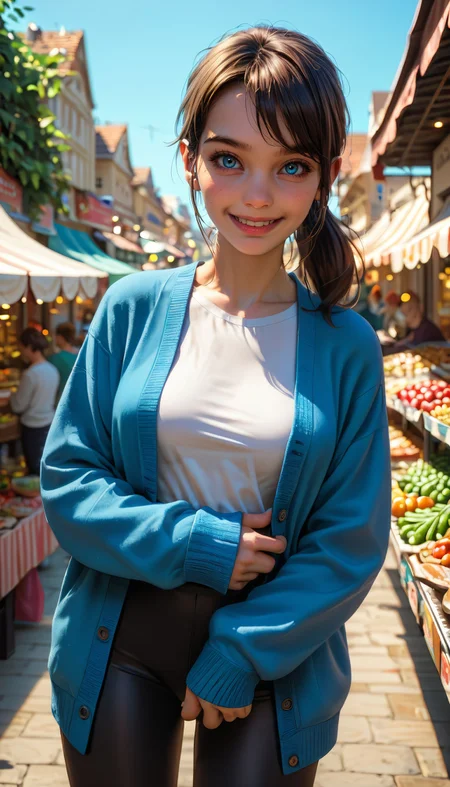 zPDXL3, <lora:quiet:.8>
quietxl, blue eyes, ponytail, medium breasts, blue cardigan, white shirt, black leggings, looking at viewer, smiling, standing, outside, market, city, crowd, sunny,