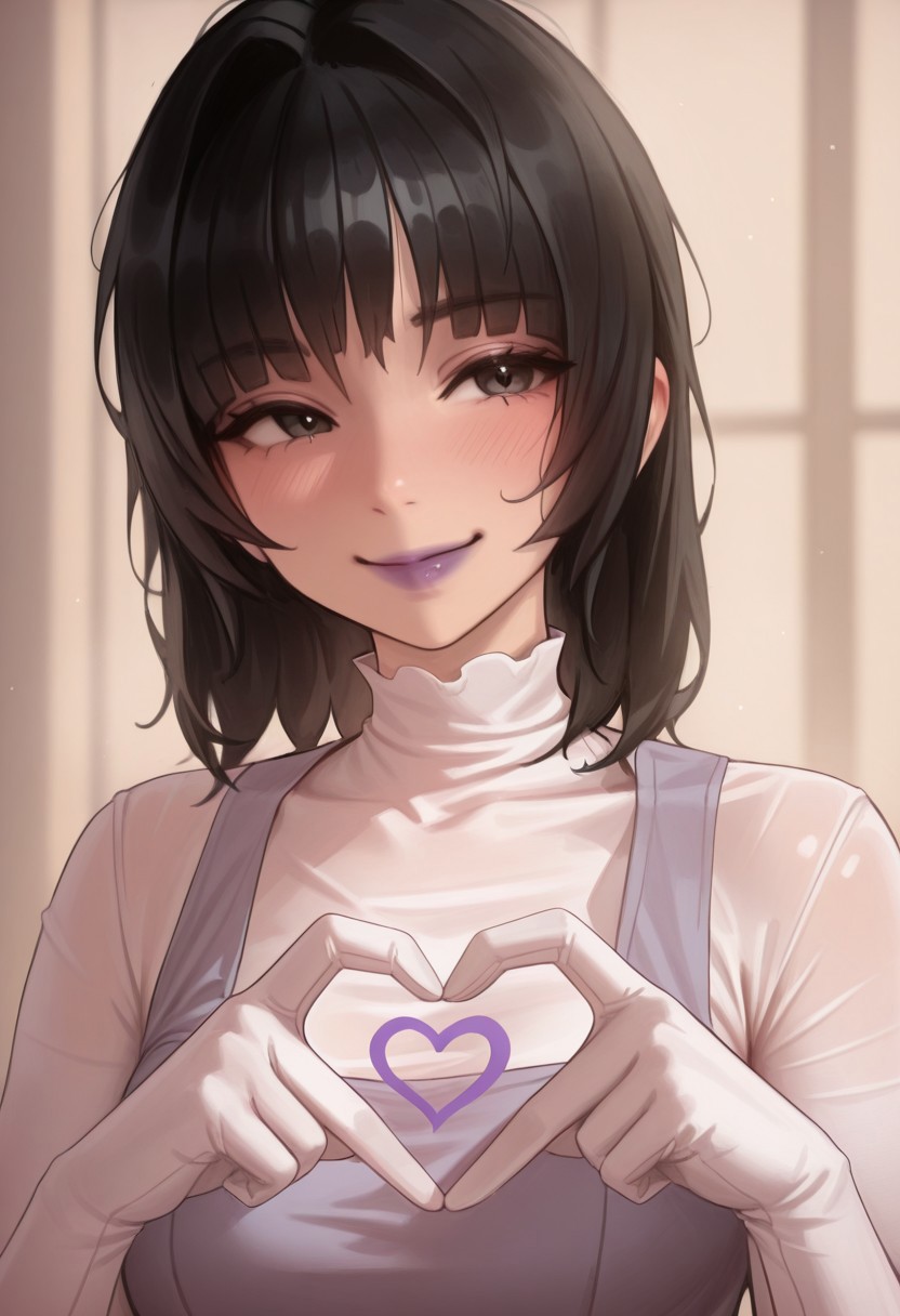 1girl, solo, medium build, medium hair, sfw, safe for work, covered skin, flowy dress,  black eyes, purple lipgloss, smiling, portrait, upper body, heart hands, foreshortening, detailed, newest, hyuk