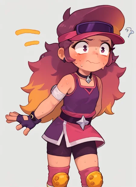 score_9, score_8_up, score_7_up, <lora:boamber:1>boamber ,1 girl , multicolored hair, long hair ,purple tank top, belt, yellow knee pads, shorts , skirt, shorts under skirt, visor cap, pink headwear, fingerless gloves, <lora:PossumMachine:1>posmach , confused, white Arm band, ??? ,sweat, blush, nervous smile,