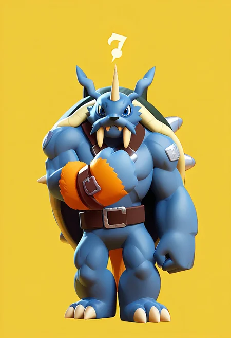 score_9, score_8_up, score_7_up, score_6_up, source_furry, solo, dof, white background, Zudomon, blue eyes, signal horn, fangs,shell,belt, muscular, digimon (creature),((full body:1.3)),perfecteyes,one arm raise,one hand closer at his thigh, yellow background(lighting symbols behind),perfect hand fist anatomy,perfect detailed fingers anatomy++,brawl