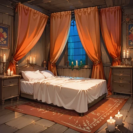 score_9, score_8_up, score_7_up,source_anime, <lora:Medieval_brothel:1> medieval_brothel, bedroom, canopy bed, wooden floor, wooden wall, candle, night, red curtains, carpet, window,