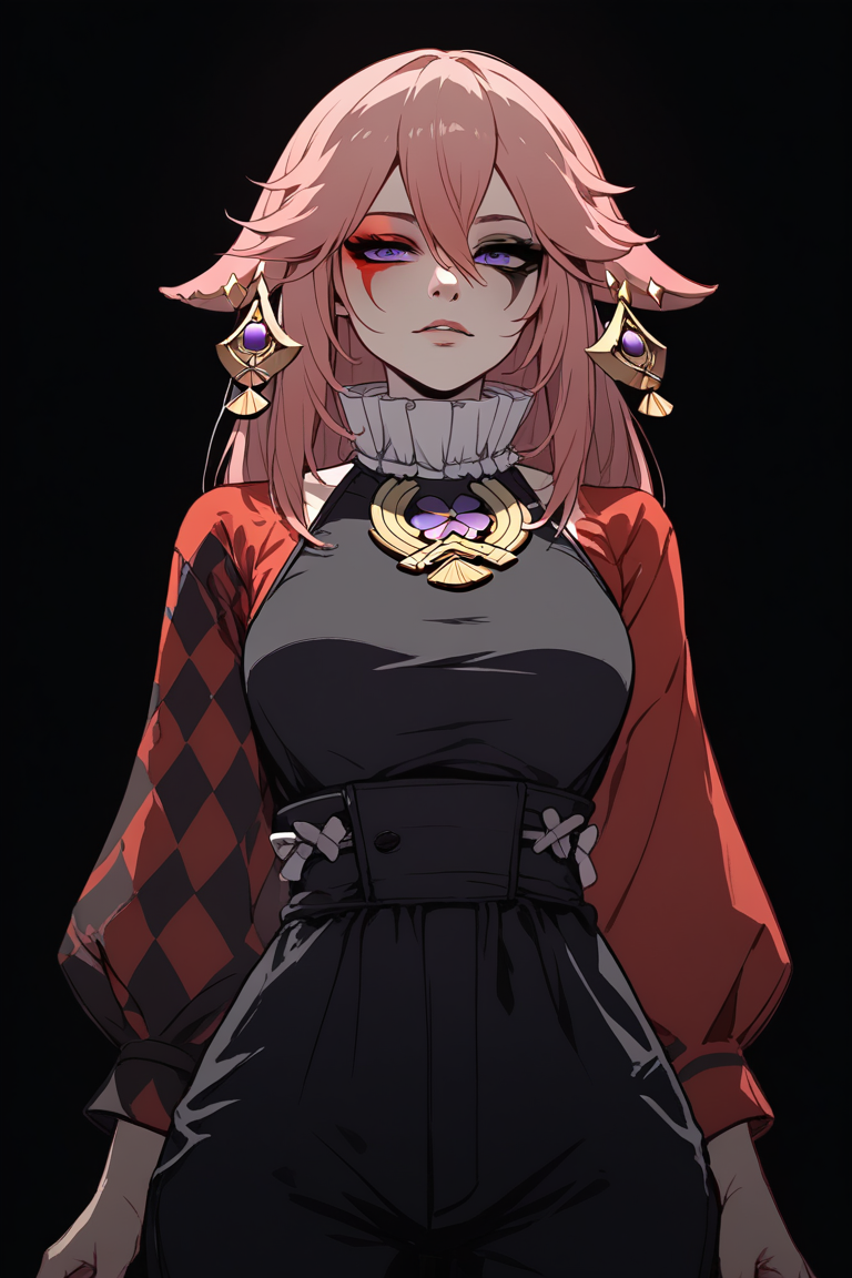 score_9, score_8_up, score_7_up, 
<lora:Muff_PDXL-000000:1>, 1girl, split-color hair, half red half black color hair, two colors rhombic makeup, solo, 
yae miko, ÐÐ°Ñ, 1girl, neck ruff, ruffled collar, two colors argyle sleeve, red sleeve, black romper, 
cowboy shot, adult girl, 21 y.o., teen, <lora:Sinozick_Style_XL_Pony:1> sinozick style, dark theme, flat color, black background,