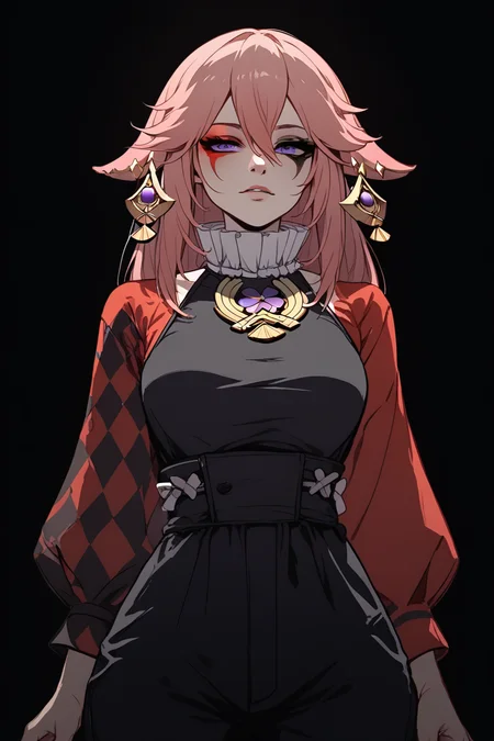 score_9, score_8_up, score_7_up,
<lora:Muff_PDXL-000000:1>, 1girl, split-color hair, half red half black color hair, two colors rhombic makeup, solo,
yae miko, ÐаÑ, 1girl, neck ruff, ruffled collar, two colors argyle sleeve, red sleeve, black romper,
cowboy shot, adult girl, 21 y.o., teen, <lora:Sinozick_Style_XL_Pony:1> sinozick style, dark theme, flat color, black background,