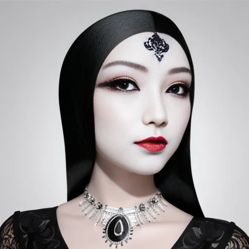 bestquality,masterpiece,highres,chinadress,hairornament,necklace,jewelry,Beautifulface,full_body,tyndalleffect,photorealistic,darkstudio,rimlighting,twotonelighting,(highdetailedskin:1.2),8kuhd,dslr,softlighting,highquality,mju, a white mask with a black and white design<lora:mju-10:1>